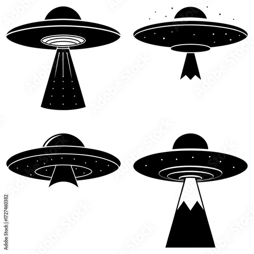 Four black and white illustrations of ufos with different beam designs on a white background image view