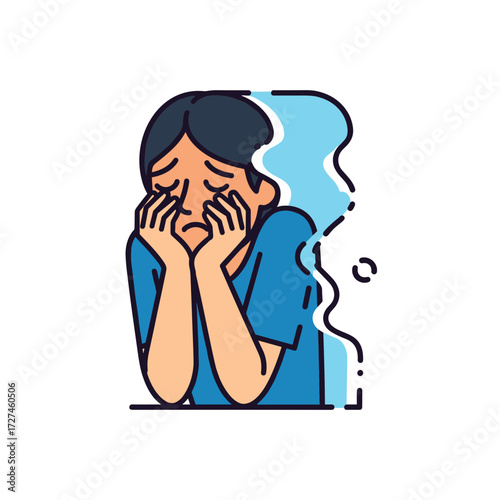 Cartoon Person Crying with Hands on Face and Blue Water Graphic.