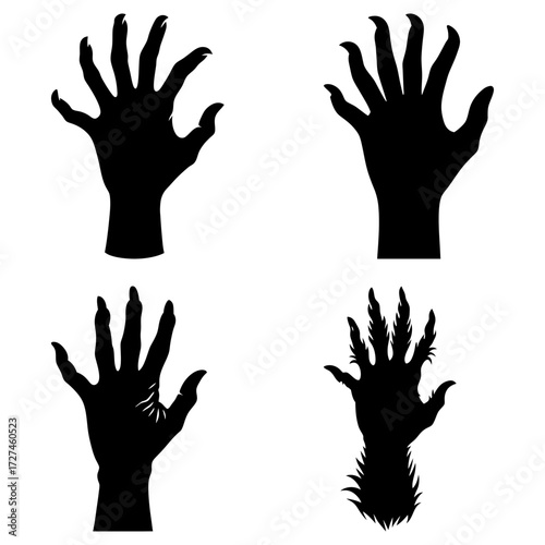 Illustration showing four black silhouette monster hands with sharp claws on a white background art