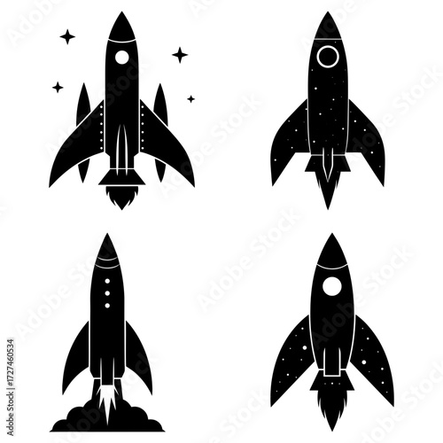 Collection of four black and white rocket ship illustrations in various styles and orientations shown together