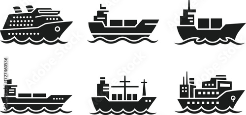 Ship silhouette vector set with various vessel types, black and white illustration, maritime transport icons, cargo cruise naval design