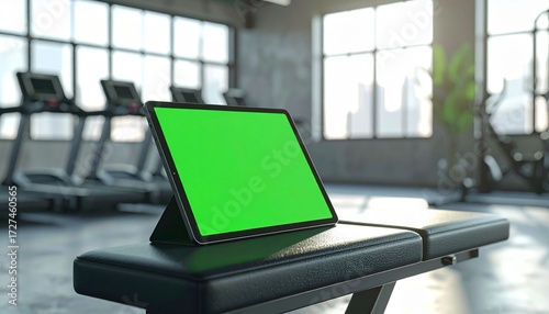 Wallpaper Mural A digital tablet with a green screen sits on a gym bench, with treadmills in the background. Torontodigital.ca