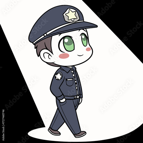 A cute chibi police officer in uniform and hat walks confidently under a spotlight, isolated on a white background