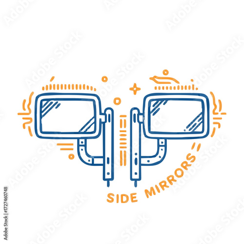 Side mirrors icon illustration in blue and orange, automotive symmetry -