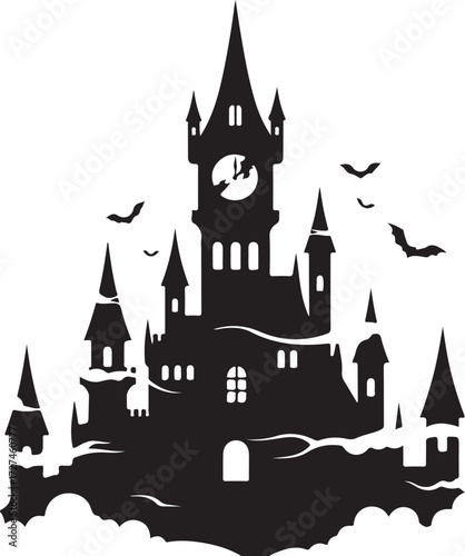 Spooky Gothic Haunted Castle Silhouette with Flying Bats and Broken Clock