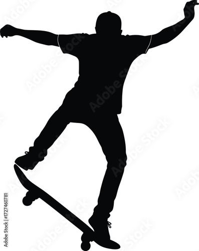 Skateboard trick silhouette vector of airborne rider, dynamic pose, black graphic, extreme sport motion, freestyle jump, athletic street art
