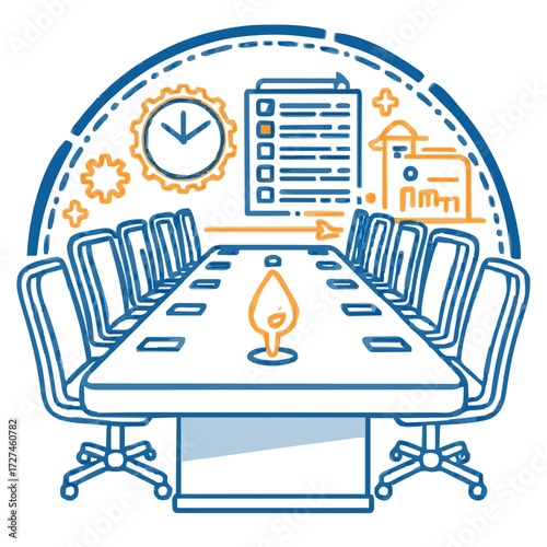 Conference table icon, line art, blue and orange, meeting concept-