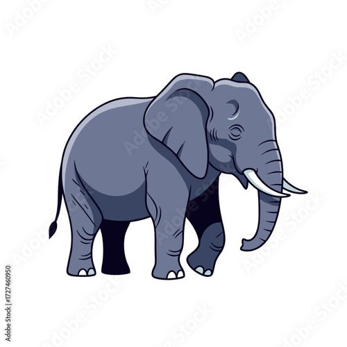 Cartoonstyle grey elephant with white tusks walking forward.