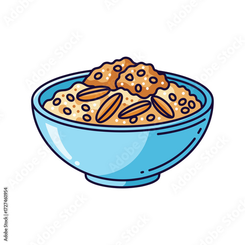 Cartoonstyle bowl of oatmeal with nuts and cookie crumbles topping.