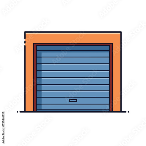 Cartoonstyle garage door with blue horizontal panels and orange frame.