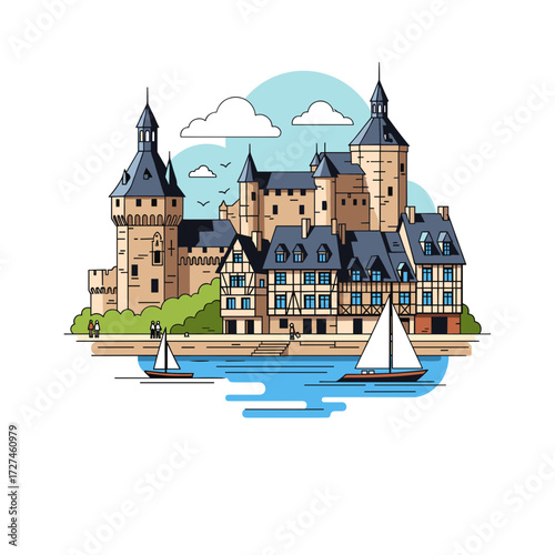 Charming European castle and waterfront village with sailboats a flat line art illustration.