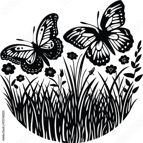 Two butterflies flutter above a patch of grass and flowers, , creating a serene scene