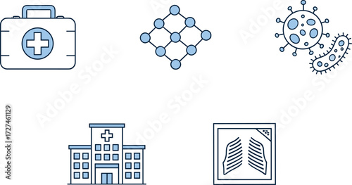 Medical healthcare icons set with first aid kit, molecular structure, virus bacteria, hospital building, chest X‑ray diagnostic illustration design