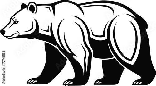Stylized bear silhouette vector in side profile, black and white illustration, muscular wildlife design, powerful animal graphic for branding