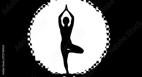 Fotografie Serene silhouette of a person in a tranquil yoga tree pose, embodying balance, wellness, and mindful movement within a stylized circular frame