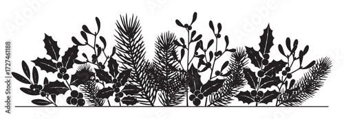 Detailed silhouette of a dense group of various wild plants and grasses growing together in a natural cluster isolated on transparent background