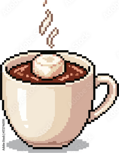Pixel art illustration of a mug filled with hot chocolate and topped with a marshmallow, steam rising.