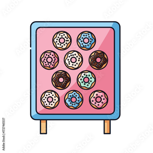 Colorful assortment of frosted donuts with sprinkles in a cartoonstyle blue display case.