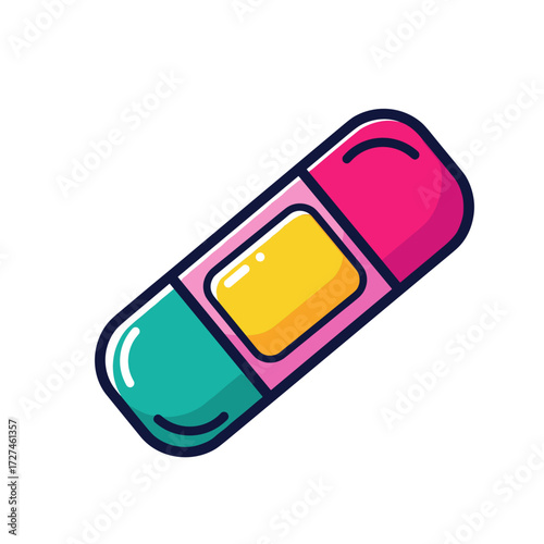 Colorful cartoon bandaid with teal pink and yellow sections featuring glossy highlights and thick black outline.