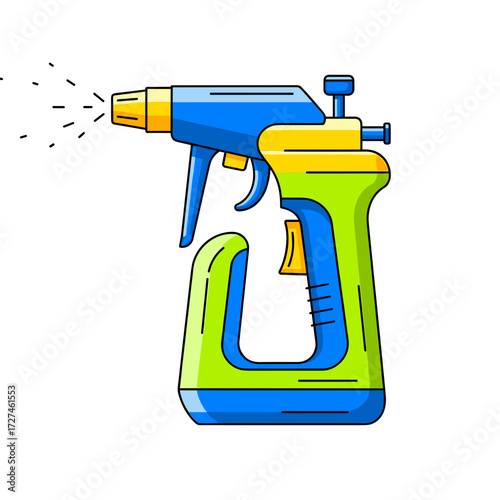 Colorful cartoon spray bottle dispensing liquid with a trigger.