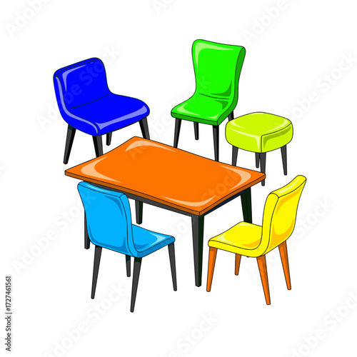 Colorful Cartoon Table and Chairs Set Blue Green Yellow Orange and Light Green.