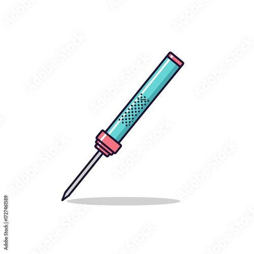 Colorful cartoon soldering iron with a turquoise handle pink details and a dotted grip pattern.