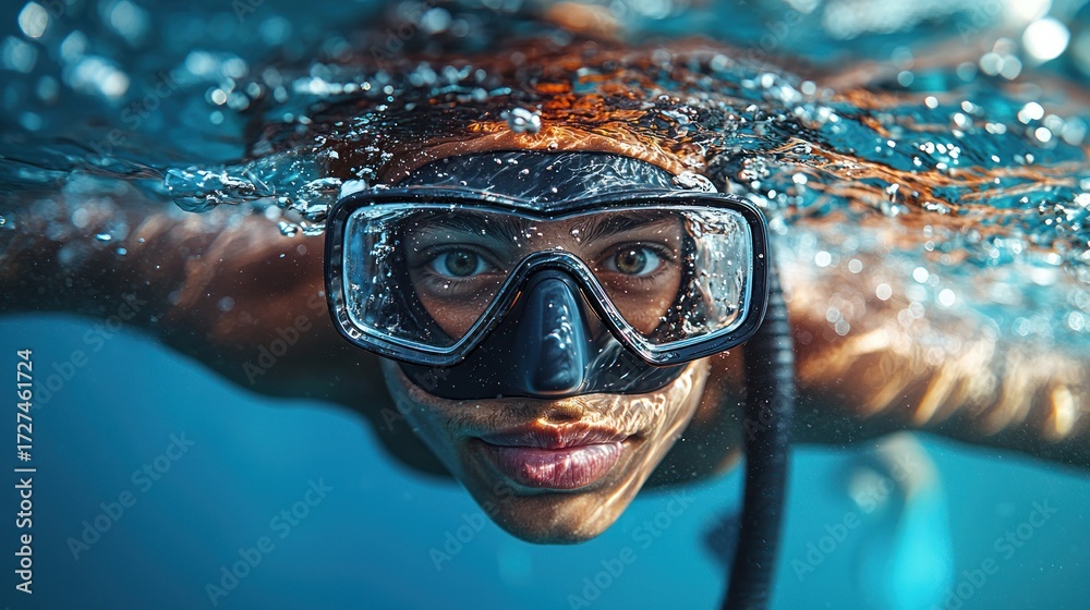 Fototapeta premium Snorkeler's eye view in clear ocean waters, focused on the mask