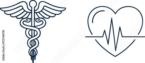 Medical caduceus symbol with serpents and wings alongside heart with electrocardiogram line, healthcare medicine vector illustration for hospital, clinic, wellness design