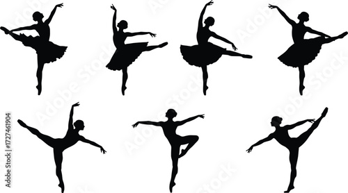 PrintBallet dancer silhouettes, ballerina poses, elegant choreography, classical dance art, graceful stage movement, professional ballerina vector, contemporary ballet illustration, 