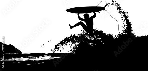 Foto Dynamic surfer catches massive wave performing aerial maneuver with spray explod