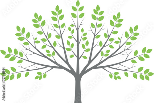 Stylized green tree vector with symmetrical branches and leaves, minimal illustration, nature symbol, growth concept, decorative botanical artwork