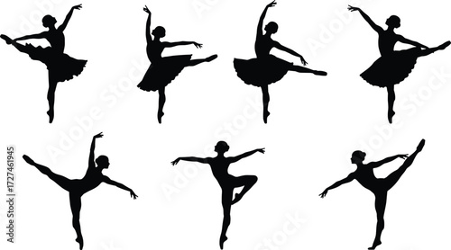 PrintBallet dancer silhouettes, ballerina poses, classical dance art, elegant choreography, graceful stage movement, contemporary ballet illustration, professional ballerina vector, 