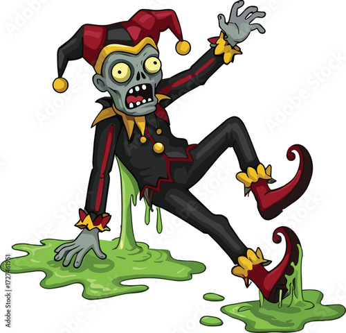 Zombie jester slipping in slime, cartoon horror character, Halloween illustration, creepy clown, red and black costume, spooky undead comedy art