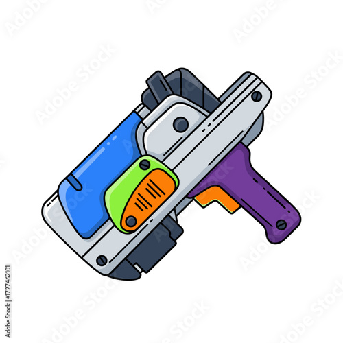 Colorful Futuristic Toy Gun with Blue Green Orange and Purple Accents.
