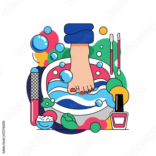 Colorful Foot Soak with Nail Care Tools Illustration.