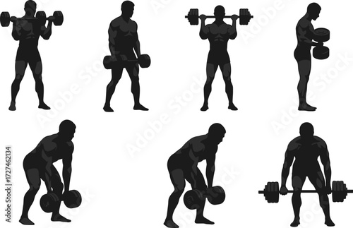 PrintBodybuilder silhouette, weightlifting workout, dumbbell lifting, barbell training, strength exercise, muscular man fitness, bodybuilding routine, athlete powerlifting, heavy gym workout, sports