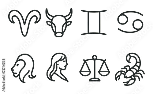 Zodiac symbols: aries, taurus, gemini, cancer, leo, virgo, libra, scorpio
