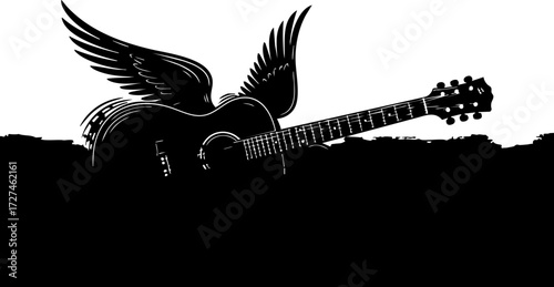 Foto Stunning winged guitar silhouette symbolizes musical freedom, creative expression, and the soaring power of sound for artists and designers