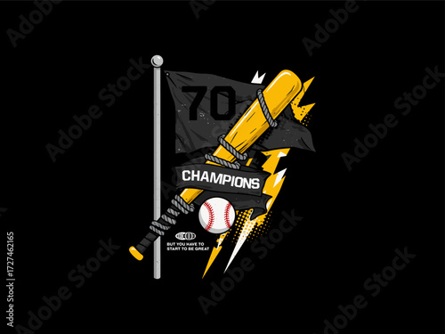 Dynamic Baseball Champions Grungy Vector Illustration for Sports Success, design t-shirt streetwear clothing, vector typography, perfect for modern apparel