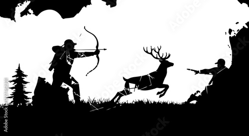 Bild auf Leinwand Dynamic hunter aims bow at leaping stag in wilderness scene, capturing primal pu