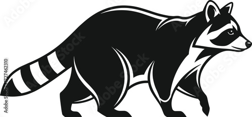 Stylized raccoon silhouette vector in side profile, black and white illustration, ringed tail, walking pose, wild animal graphic artwork