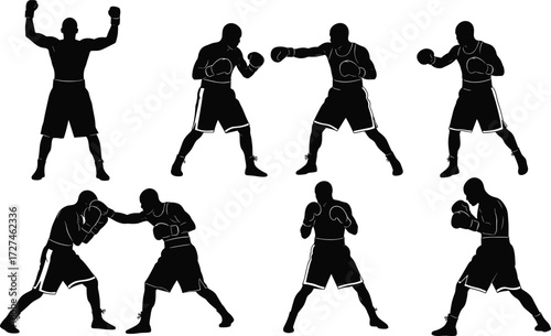 PrintBoxing silhouettes, fighter training, punch action, combat sport illustration, boxing stance, martial discipline, sparring match, self defense practice, fitness workout vector
