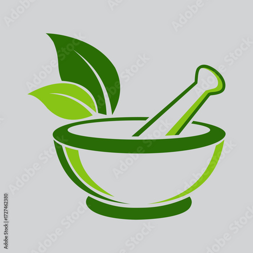 Mortar and pestle with green leaves, a symbol of herbal medicine and natural remedies for healthcare