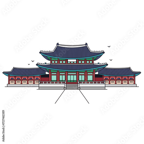 Colorful Korean Traditional Palace Illustration with Detailed Architectural Design.