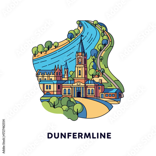 Colorful Line Art Illustration of Dunfermline Town with Historic Buildings and Winding River.