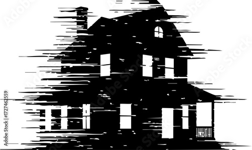 Bild auf Leinwand Haunted house silhouette with dark, eerie scribbled effect creating a spooky, mysterious atmosphere for Halloween or horror themes