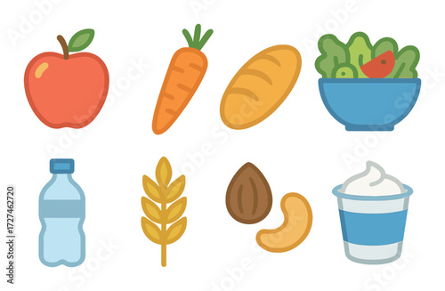 Colorful healthy foods icons set featuring fruits vegetables grains dairy nuts and water bottle