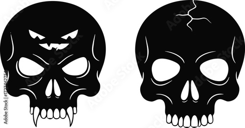 Two skull silhouettes with fangs, cracks, and hollow eyes, gothic horror Halloween vector illustration for spooky design, tattoo, and decoration