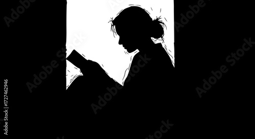 Photos Silhouette woman engrossed in reading a book, conveying quiet concentration and intellectual pursuit in a modern, minimalist style