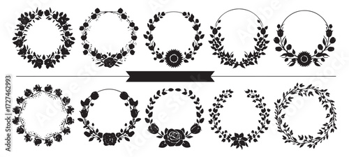 Collection of ten ornate oval floral and leaf decorative frames and borders in black silhouette isolated on transparent background